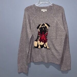 Lucky Brand Pug Dog Sweater Womens Large Gray Knit Pullover Scarf Graphic Preppy